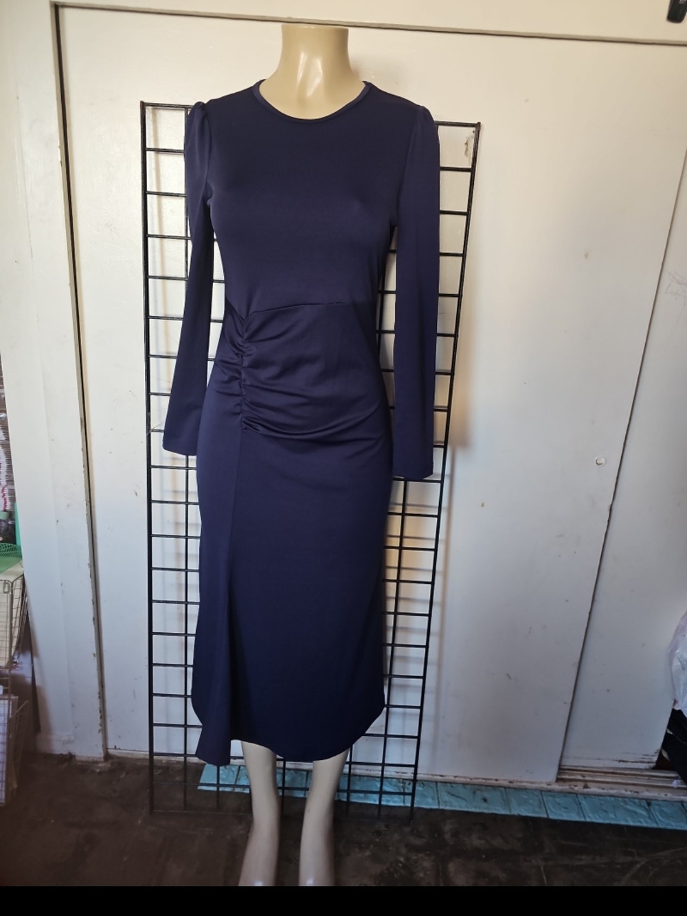 SHEIN Navy Long Sleeve Ruched Midi Dress
